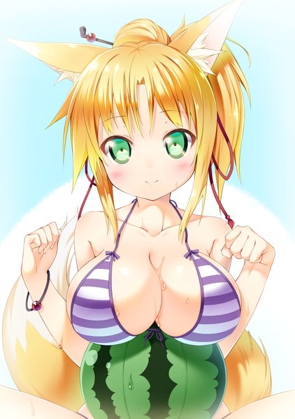 Anime picture 864x1227 with dog days yukikaze panettone ichi makoto single long hair tall image looking at viewer blush breasts light erotic blonde hair large breasts green eyes animal ears cleavage ponytail tail animal tail light smile wet