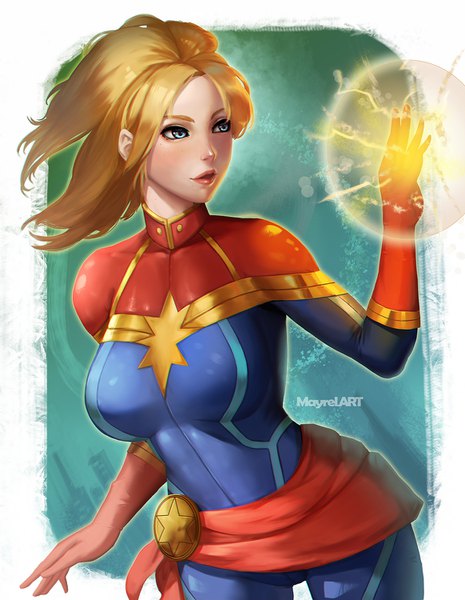 Anime picture 1164x1500 with marvel comics captain marvel mayrel single long hair tall image fringe breasts open mouth blue eyes simple background blonde hair standing signed looking away arm up lips magic superhero girl