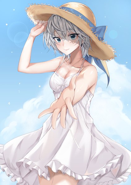 Anime picture 1158x1637 with idolmaster idolmaster cinderella girls anastasia (idolmaster) coffeedog single tall image blush short hair breasts blue eyes smile standing bare shoulders sky cleavage silver hair cloud (clouds) outdoors arm up thighs