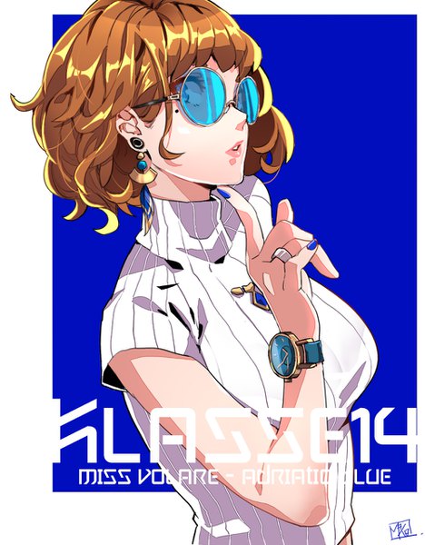 Anime picture 1000x1280 with original klasse14 makai single tall image looking at viewer short hair blue eyes brown hair upper body nail polish parted lips copyright name lipstick finger to mouth blue background pink lipstick blue nail polish casual girl