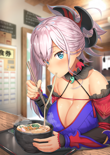 Anime picture 2508x3541 with fate (series) fate/grand order miyamoto musashi (fate) body mahattaya ginga single long hair tall image looking at viewer blush fringe highres breasts blue eyes light erotic large breasts bare shoulders holding pink hair cleavage ponytail