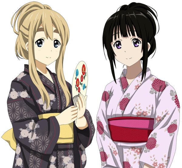 Anime picture 1082x1000 with k-on! hyouka kyoto animation kotobuki tsumugi chitanda eru cp9a long hair looking at viewer blue eyes black hair simple background blonde hair white background purple eyes multiple girls traditional clothes japanese clothes alternate hairstyle crossover hair up