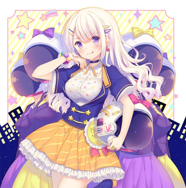 Anime picture 1000x1010 with original yamucha long hair tall image looking at viewer blush fringe breasts large breasts purple eyes multiple girls holding white hair facial mark adjusting hair wavy hair :q girl dress skirt
