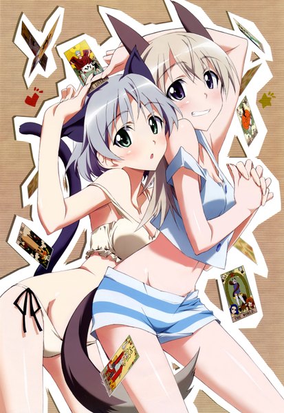 Anime picture 2328x3380 with strike witches sanya v. litvyak eila ilmatar juutilainen kurashima tomoyasu tall image highres short hair light erotic blonde hair purple eyes bare shoulders multiple girls green eyes animal ears silver hair tail animal tail girl underwear panties