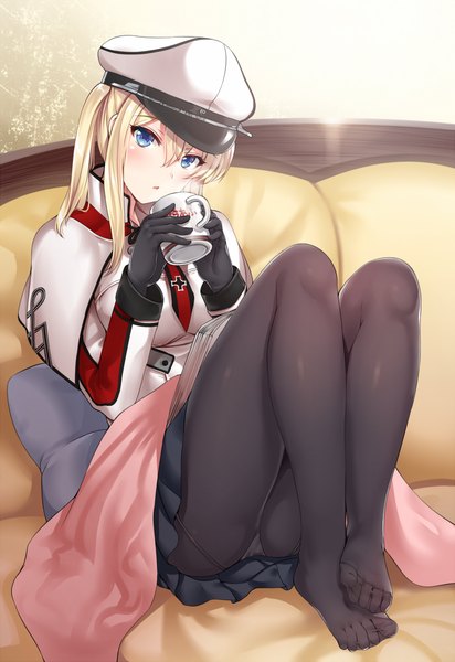 Anime picture 688x1000 with kantai collection graf zeppelin (kantai collection) arudehido single long hair tall image looking at viewer blue eyes light erotic blonde hair pantyshot girl skirt gloves underwear panties miniskirt pantyhose black gloves bed