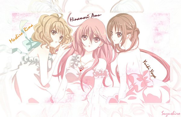 Anime picture 1000x650 with shugo chara! hinamori amu mashiro rima yuiki yaya suzushiro long hair looking at viewer short hair blonde hair brown hair twintails bare shoulders multiple girls brown eyes yellow eyes pink hair lying pink eyes inscription back