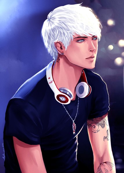 Anime picture 1227x1720 with original aleeth single tall image short hair blue eyes simple background white hair tattoo headphones around neck boy earrings headphones pendant t-shirt