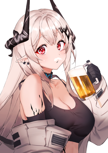 Anime picture 1013x1433 with arknights mudrock (arknights) ichibi single long hair tall image looking at viewer breasts red eyes large breasts cleavage silver hair upper body horn (horns) pointy ears oripathy lesion (arknights) girl gloves black gloves alcohol
