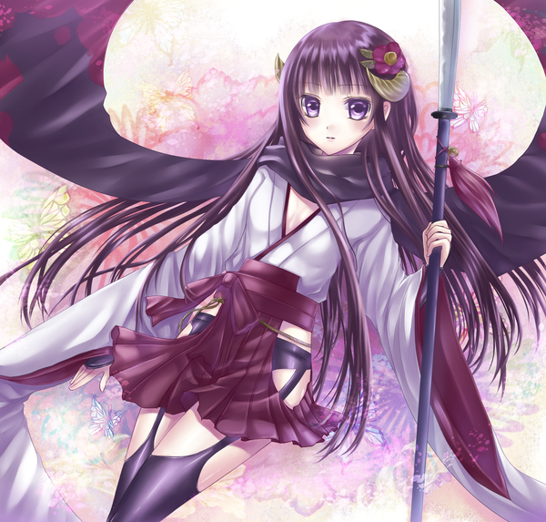 Anime picture 2000x1910 with inu x boku ss david production shirakiin ririchiyo kurone kuroneko single long hair highres purple eyes purple hair traditional clothes japanese clothes hair flower horn (horns) girl thighhighs hair ornament weapon black thighhighs scarf insect