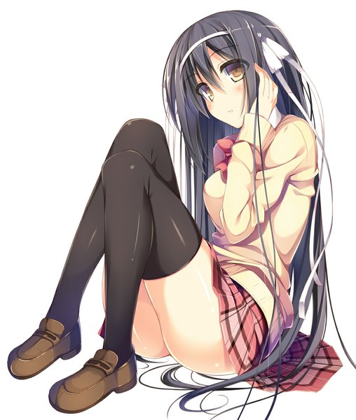 Anime picture 847x1000 with original nozomi tsubame single tall image blush light erotic black hair simple background white background brown eyes very long hair girl thighhighs skirt uniform black thighhighs school uniform hairband