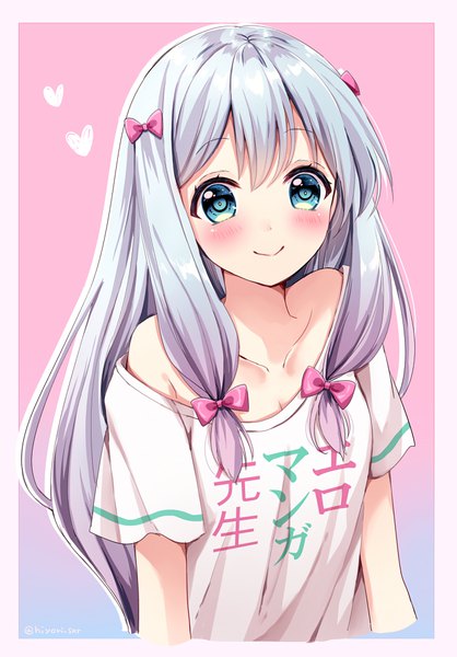 Anime picture 690x990 with eromanga sensei a-1 pictures izumi sagiri sakura hiyori single long hair tall image looking at viewer blush fringe blue eyes simple background smile hair between eyes bare shoulders signed payot silver hair upper body off shoulder