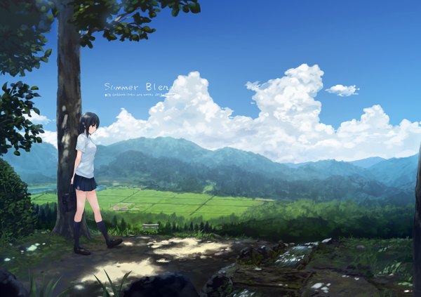 Anime picture 1360x960 with original coffee-kizoku single looking at viewer short hair black hair standing sky cloud (clouds) outdoors black eyes inscription plaid skirt landscape scenic against tree girl skirt plant (plants) miniskirt