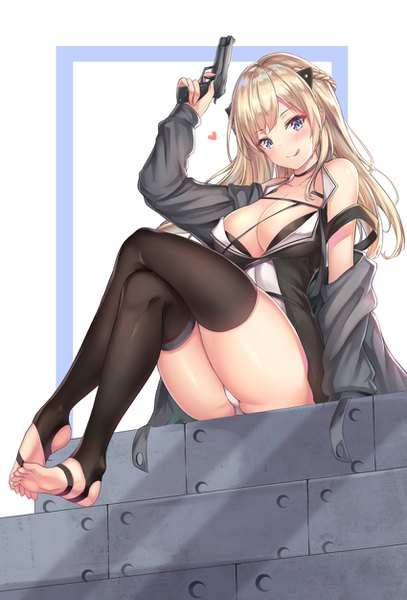 Anime picture 849x1250 with girls frontline k5 (girls frontline) cenangam single long hair tall image looking at viewer blush fringe breasts light erotic blonde hair simple background large breasts sitting holding cleavage full body braid (braids) off shoulder