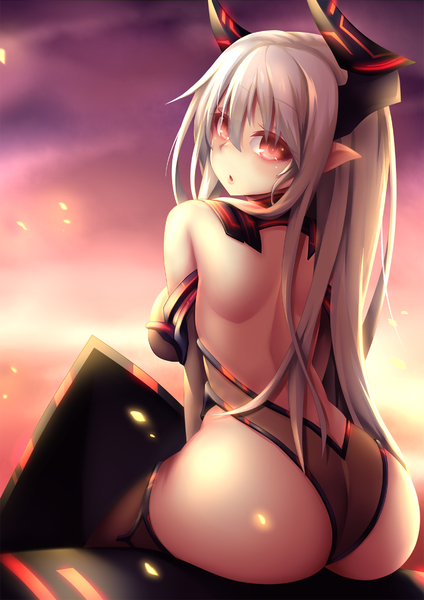 Anime picture 1000x1414 with granblue fantasy colo mag-chan (granblue fantasy) fi-san single long hair tall image looking at viewer blush fringe breasts open mouth light erotic hair between eyes red eyes large breasts sitting silver hair looking back pointy ears back