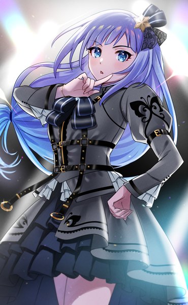 Anime picture 1010x1636 with idolmaster idolmaster million live! idolmaster million live! theater days shiraishi tsumugi 8n0 g single long hair tall image looking at viewer blue eyes standing purple hair from below hand on hip low ponytail girl hair ornament