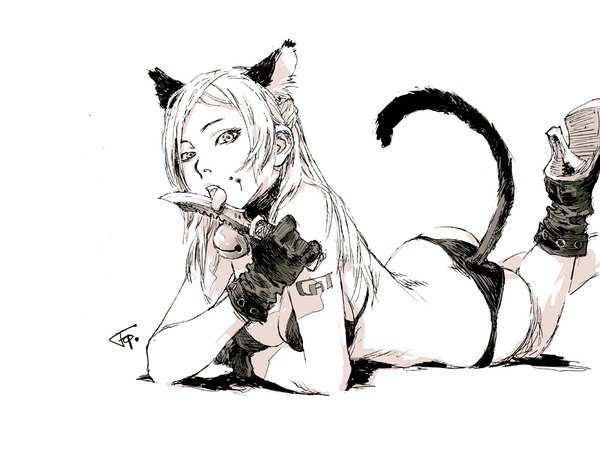 Anime picture 1024x768 with original pixiv fcp (artist) light erotic white background animal ears cat ears cat girl cat tail monochrome girl underwear panties knife