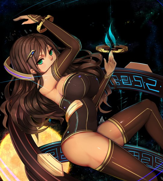 Anime picture 1771x1966 with original hanami dango (zzldango) shimenzzl single long hair tall image looking at viewer highres breasts light erotic brown hair large breasts green eyes girl thighhighs hair ornament detached sleeves