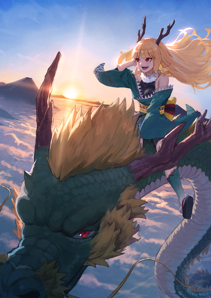 Anime picture 2580x3643 with original gomashiwo o single long hair tall image fringe highres breasts open mouth blonde hair smile red eyes large breasts looking away sky cloud (clouds) blunt bangs traditional clothes japanese clothes horn (horns)