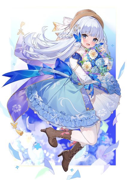 Anime picture 2171x3071 with genshin impact kamisato ayaka kamisato ayaka (springbloom missive) yuia single long hair tall image fringe highres open mouth silver hair full body blunt bangs :d high heels official alternate costume girl hair ornament flower (flowers) hat