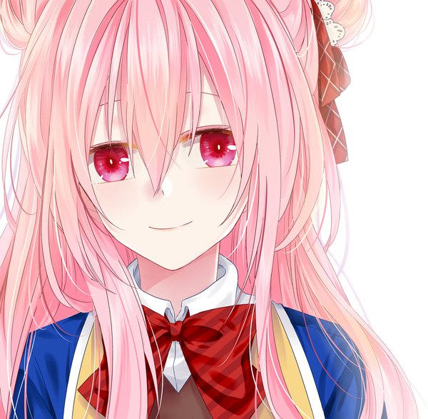 Anime picture 1880x1840 with happy sugar life matsuzaka satou itsmaowu single long hair looking at viewer fringe highres simple background smile hair between eyes white background pink hair upper body pink eyes hair bun (hair buns) portrait girl uniform bow