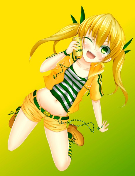 Anime picture 1280x1670 with original c.c. lemon c.c. lemon (character) single tall image looking at viewer blush fringe open mouth blonde hair twintails holding green eyes one eye closed wink shiny skin happy girl navel socks