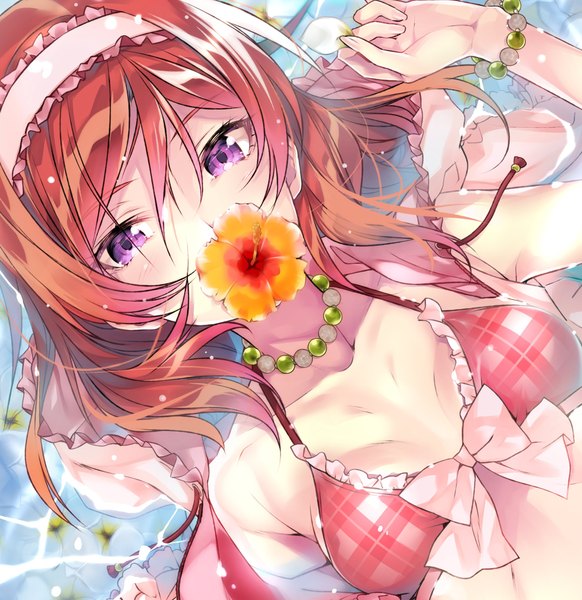 Anime picture 2148x2216 with love live! school idol project sunrise (studio) love live! nishikino maki hario 4 single tall image looking at viewer fringe highres short hair light erotic hair between eyes red eyes purple eyes holding upper body red hair lying on back