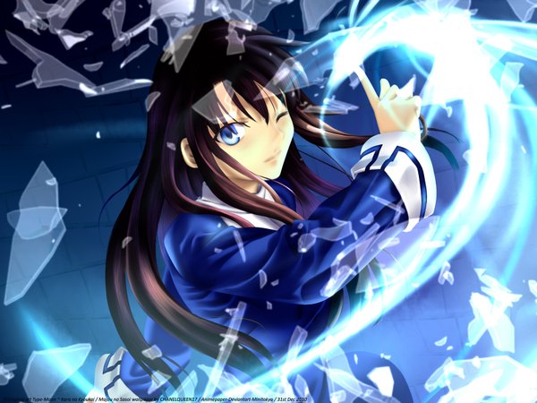 Anime picture 1600x1200 with kara no kyoukai type-moon kokutou azaka chanelqueen17 single long hair looking at viewer blue eyes black hair brown hair japanese clothes one eye closed wind wink wallpaper winter blue background destruction cropped girl
