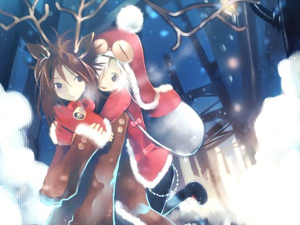 Anime picture 1024x768 with fringe brown hair multiple girls silver hair bent knee (knees) white hair horn (horns) hair over one eye fur trim christmas winter snow exhalation girl bow 2 girls hat fur bell santa claus costume