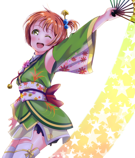 Anime picture 1277x1500 with love live! school idol project sunrise (studio) love live! hoshizora rin menamena  46 single tall image looking at viewer blush fringe short hair open mouth simple background traditional clothes japanese clothes one eye closed arm up wink orange hair wide sleeves