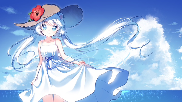 Anime picture 1440x810 with original mechuragi single long hair looking at viewer fringe smile wide image standing twintails bare shoulders animal ears sky cloud (clouds) outdoors white hair aqua eyes wind horizon bear ears