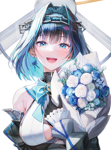 Anime picture 2717x3661 with virtual youtuber hololive hololive english ouro kronii ouro kronii (1st costume) misyune single tall image looking at viewer blush fringe highres short hair breasts blue eyes light erotic simple background smile large breasts white background