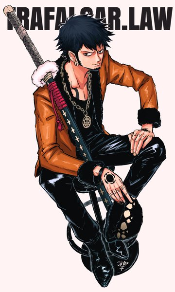 Anime picture 2048x3410 with one piece toei animation trafalgar law sherumaru (korcht06) single tall image fringe highres short hair black hair simple background hair between eyes white background sitting holding signed looking away full body black eyes open jacket