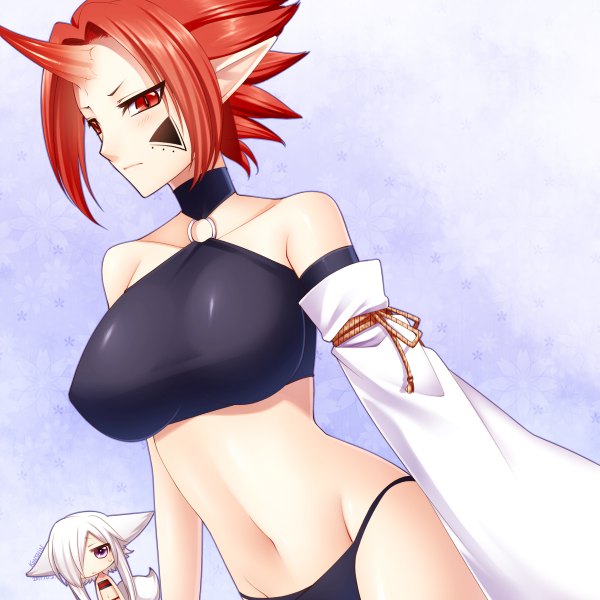 Anime picture 1200x1200 with original konshin fringe short hair light erotic red eyes purple eyes bare shoulders multiple girls animal ears white hair red hair horn (horns) pointy ears hair over one eye midriff facial mark girl navel underwear