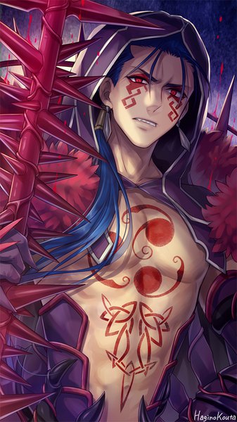 Anime picture 500x889 with fate (series) fate/grand order cu chulainn (fate) cu chulainn alter (fate/grand order) hagino kouta single long hair tall image looking at viewer red eyes holding signed blue hair upper body parted lips teeth tattoo fur trim low ponytail muscle