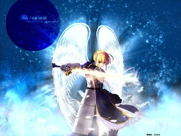Anime picture 1024x768 with fate (series) fate/stay night studio deen type-moon artoria pendragon (all) saber honchay third-party edit wings