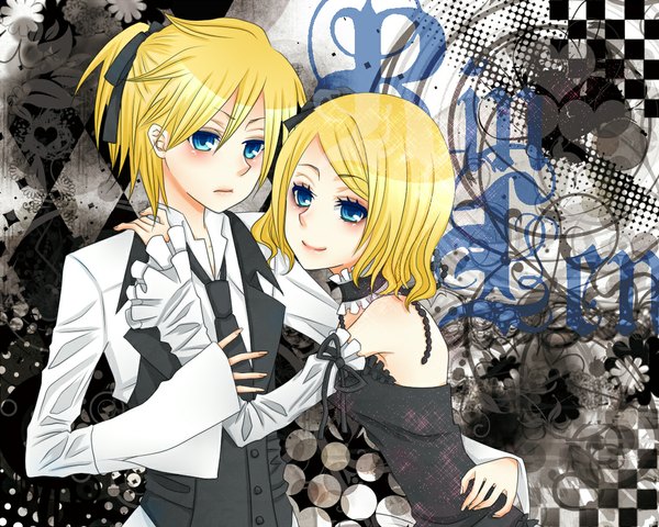 Anime picture 1085x868 with vocaloid kagamine rin kagamine len looking at viewer fringe short hair blue eyes blonde hair smile hair between eyes bare shoulders upper body sleeves past wrists open collar checkered checkered background hand on another's shoulder girl dress boy