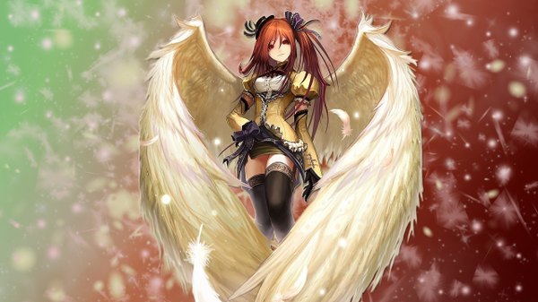 Anime picture 2560x1440 with aquarian age tachikawa mushimaro (bimo) single long hair looking at viewer highres red eyes brown hair wide image white wings girl thighhighs dress bow black thighhighs hair bow wings feather (feathers)