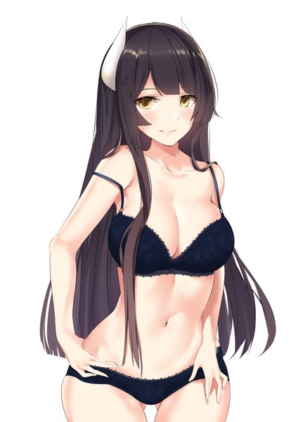 Anime picture 1158x1637 with azur lane hiei (azur lane) schreibe shura single long hair tall image looking at viewer blush fringe breasts light erotic black hair simple background standing white background yellow eyes payot cleavage horn (horns) light smile