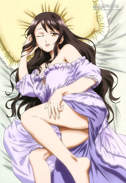 Anime-Bild 4083x5905 mit hachinan tte sore wa nai deshou! amalie baumeister makida kazuaki single long hair tall image looking at viewer fringe highres breasts open mouth light erotic brown hair brown eyes absurdres bent knee (knees) lying one eye closed barefoot from above