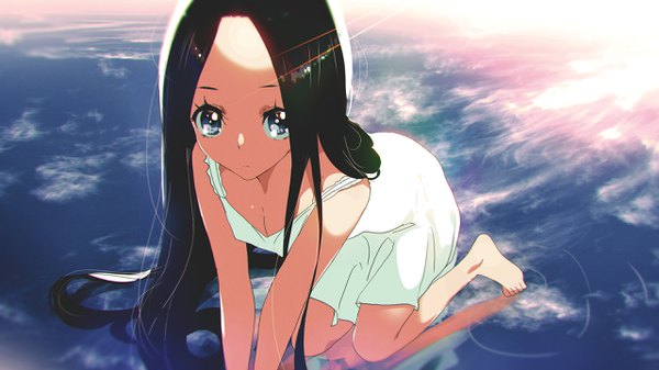Anime picture 2560x1440 with original tom skender single long hair looking at viewer highres blue eyes black hair wide image bare shoulders full body barefoot sunlight bare legs kneeling reflection squat strap slip ripples girl