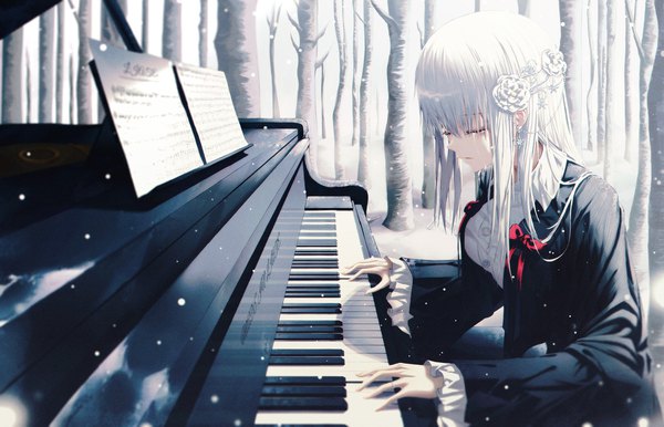 Anime picture 1800x1158 with original andi 1021 single long hair fringe highres breasts sitting payot silver hair outdoors eyes closed blurry wide sleeves depth of field tears snowing winter snow crying