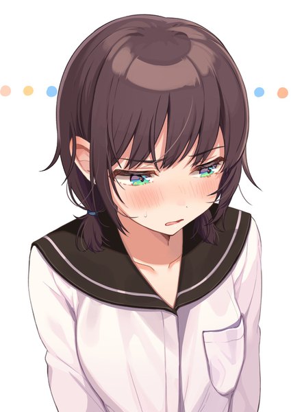Anime picture 1062x1500 with original shigure ui single tall image blush fringe short hair open mouth simple background brown hair white background twintails green eyes looking away upper body long sleeves embarrassed low twintails short twintails sweatdrop