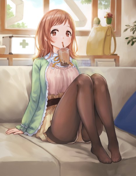 Anime picture 3500x4500 with original bbb3y1 single long hair tall image looking at viewer blush fringe highres light erotic brown hair sitting brown eyes payot absurdres full body bent knee (knees) indoors arm support no shoes