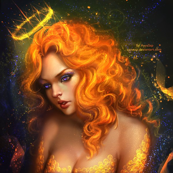 Anime picture 2000x2000 with original ayyasap single long hair highres open mouth light erotic purple eyes bare shoulders looking away orange hair realistic shiny skin wavy hair close-up eyeshadow girl crown mermaid scales