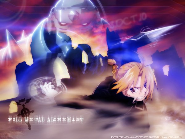 Anime picture 1024x768 with fullmetal alchemist studio bones edward elric alphonse elric looking at viewer fringe short hair blonde hair brown eyes inscription magic mechanical parts boy weapon armor single glove helmet magic circle thorns