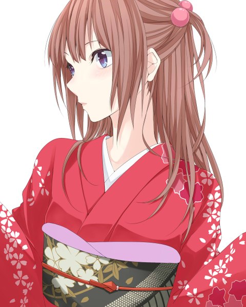 Anime picture 2000x2500 with umineko no naku koro ni ushiromiya ange nemu (nebusokugimi) single long hair tall image highres simple background brown hair white background purple eyes looking away traditional clothes japanese clothes two side up girl hair ornament kimono hair tie hair bobbles