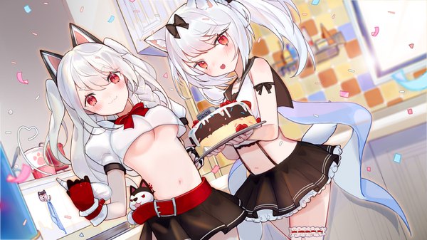 Anime picture 3000x1688 with azur lane yuudachi (azur lane) yukikaze (azur lane) meowlian long hair looking at viewer blush fringe highres breasts light erotic hair between eyes wide image twintails multiple girls animal ears white hair braid (braids) :o two side up