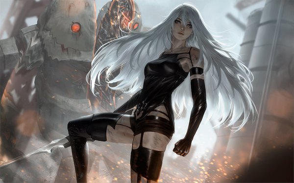 Anime picture 1280x800 with nier nier:automata yorha type a no. 2 raikoart single long hair fringe breasts blue eyes light erotic hair between eyes standing bare shoulders holding signed looking away bent knee (knees) outdoors white hair wind