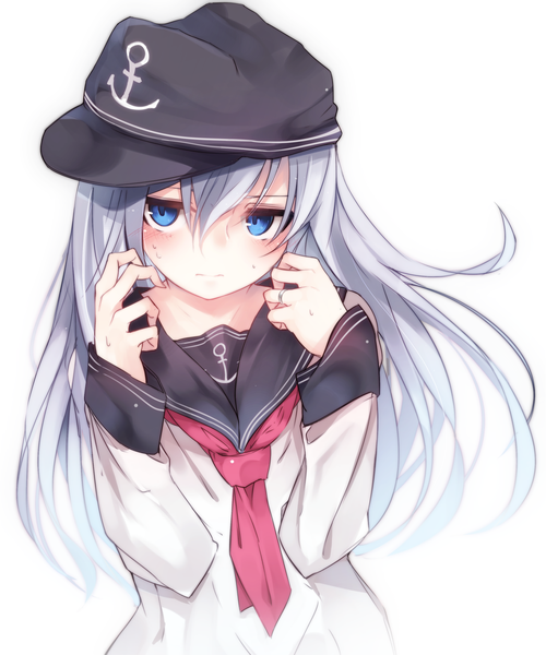 Anime picture 1500x1800 with kantai collection hibiki destroyer otokuyou single long hair tall image looking at viewer blush blue eyes simple background white background white hair girl uniform serafuku ring flat cap anchor symbol anchor
