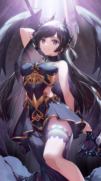 Anime picture 1080x1920 with girl cafe gun yui (girl cafe gun) single long hair tall image looking at viewer fringe breasts black hair smile purple eyes holding payot parted lips arm up official art arm behind head side slit black wings girl